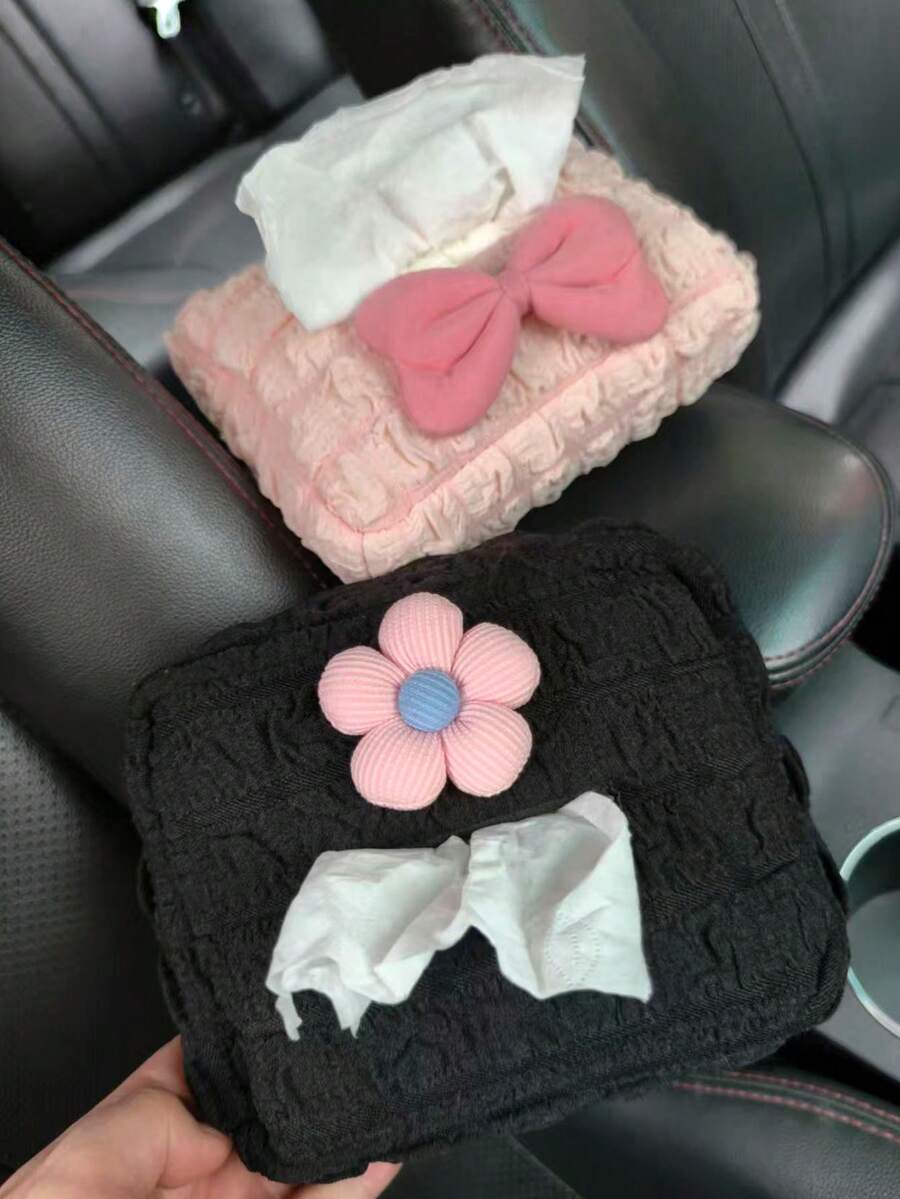 1件裝蝴蝶結裝飾汽車面紙盒 花卉蝴蝶結面紙盒 車用面紙架 汽車裝飾收納盒 車用面紙抽屜式扶手箱盒 汽車內飾配件 車內裝飾