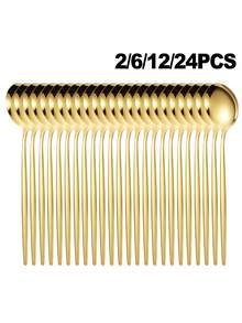 2/6/12pcs Gold Stainless Steel Flatware Set, Including Soup Spoons & Dessert Spoons, Suitable For Home, Kitchen Or Restaurant, Dishwasher - Gold - View 1