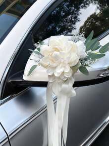 Wedding Car Decoration Set, Artificial Flower Rearview Mirror Hanging Ornament With Door Handle Bowknot Bouquet, Romantic Bridal Vehicle Decor Accessories For Wedding Ceremony, Reception, Engagement Party & Photo Props - Multicolor - View 2