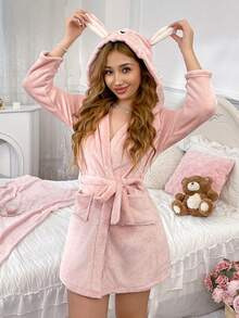 1pc Women's Pink Flannel Long Sleeve Robe With Pockets Rabbit Ears Cartoon Hooded Bathrobe Autumn/Winter New Pajamas - Pink - View 1