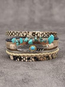1pc Western Multi-Layer Snake Skin Leather Bracelet, Vintage Turquoise Feather Wide Cuff, Daily Street Wear Versatile Accessory, Carnival Party Halloween Funny Bracelet, Gift For Women Family And Friends - Bracelet - View 15
