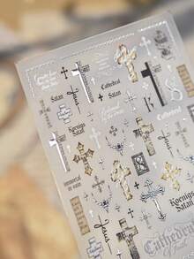 1 Gothic Cross Nail Luxury Sticker, Retro Text Design, Self-Adhesive Embossed Sticker, Punk Dark Style Nail Art Decoration Sticker DIY Nail Stickers - 彩色 - 查看 4