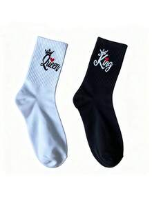 2/4 pares de calcetines de media caña con patrón de corona de rey y reina y corazón, calcetines clásicos versátiles en blanco y negro para parejas, calcetines de regalo para aniversario/Día de San Valentín - Blanco y Negro - Ver 11