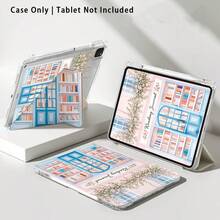 Bookstore Books And Flowers Pattern Painted Effect Acrylic Crystal Tablet Protective Case, With Stand, Foldable Anti-Bending, Silicone Reinforced Corners, Auto Wake/Sleep Function, Built-In Pen Slot, Multi-Angle Foldable Stand - Style 10 - View 8