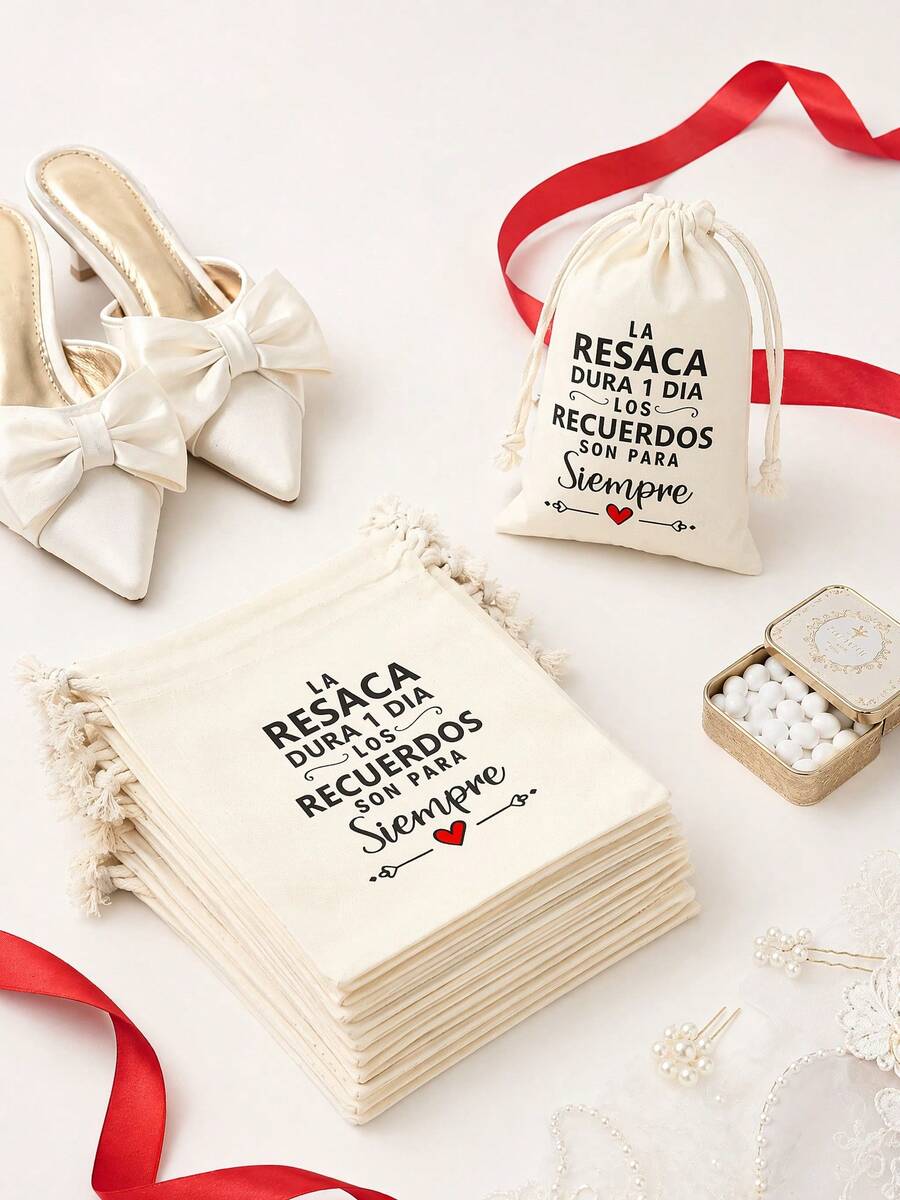 10pcs Beige Drawstring Gift Bags For Spanish Wedding Parties - Ideal For Hangover Recovery Supplies & Post-Party Kit Packaging, Reusable & Durable - Multicolor - View 1