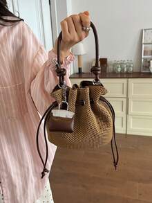 Summer Large Capacity Handbag Casual Hollow Straw Woven Bag Pastoral Artistic Handbag Beach Vacation Sand Bucket Shoulder Bag - Khaki - View 6