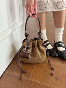 Summer Large Capacity Handbag Casual Hollow Straw Woven Bag Pastoral Artistic Handbag Beach Vacation Sand Bucket Shoulder Bag - Khaki - View 7