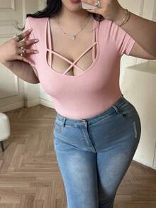 Plus Size, Fashion, Spring/Summer, Sexy And Seductive Style, T-Shirt, Fitted, Slimming, Seductive Style - Pink - View 2