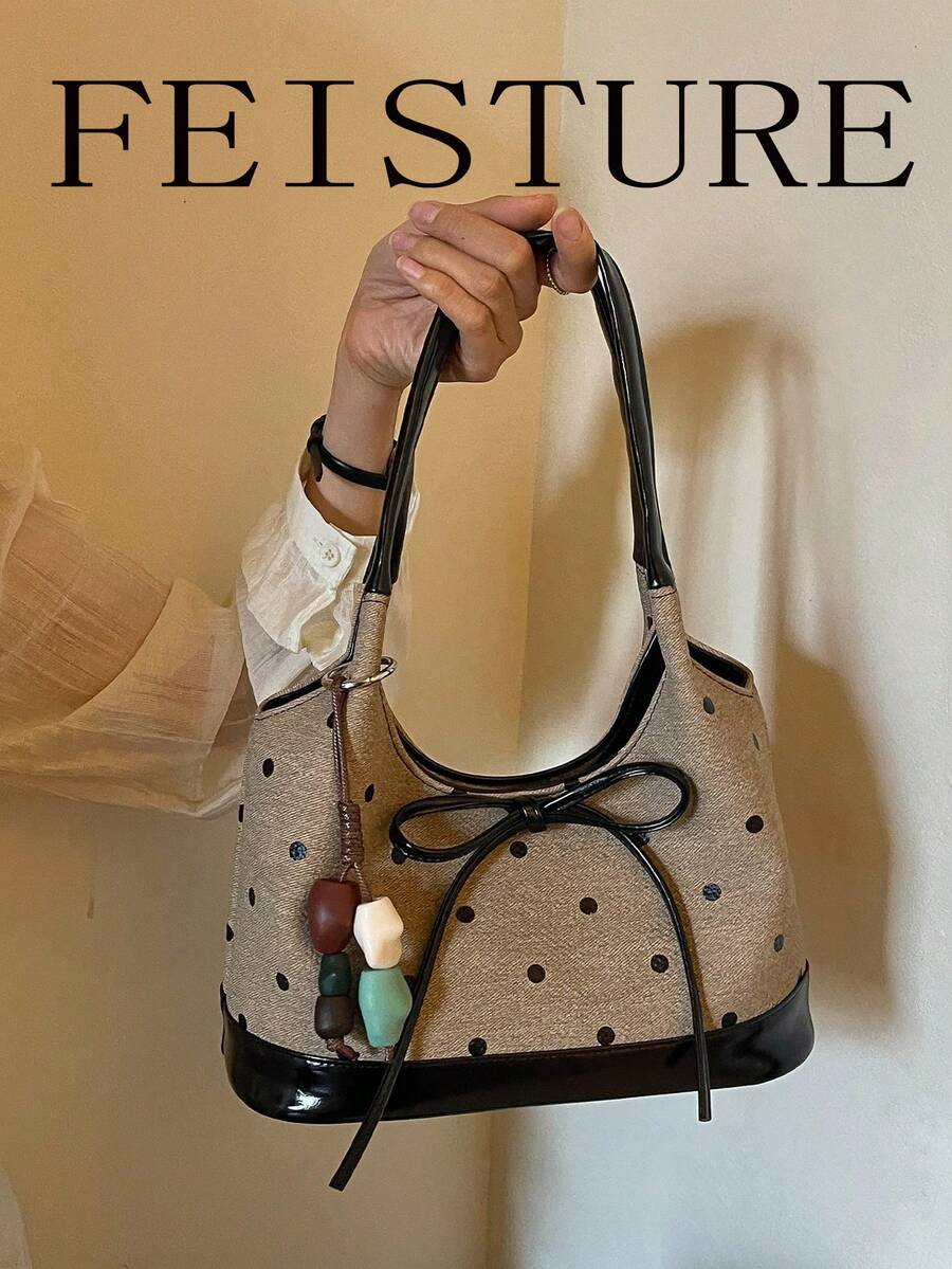 FEISTURE 1件波點時尚女款手提包，通勤單肩托特包，適合日常出遊、約會、通勤，附贈吊飾