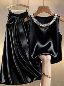 Nuevo conjunto de 2 piezas casual y elegante para resort, fiesta en la playa, cuello redondo, sin mangas, con perlas, color champán dorado, primavera/verano - Negro - Ver 1