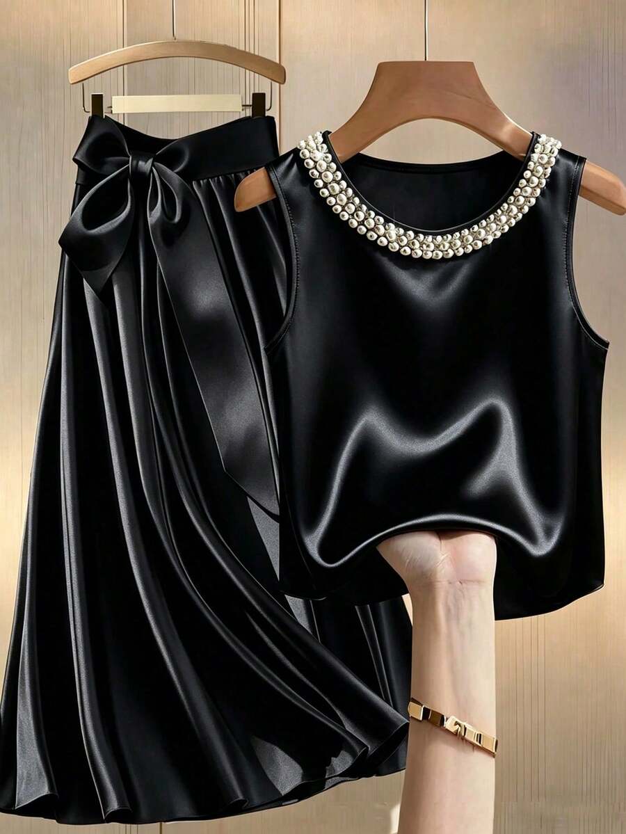 Nuevo conjunto de 2 piezas casual y elegante para resort, fiesta en la playa, cuello redondo, sin mangas, con perlas, color champán dorado, primavera/verano - Negro - Ver 1