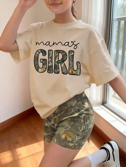 Bộ 2 món cho bé gái, gồm áo thun ngắn tay in chữ "Girl" và quần legging họa tiết ngẫu nhiên, thích hợp cho mùa xuân/hè, đi học, dã ngoại/ở nhà/du lịch.