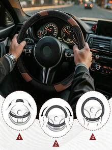 1 pieza Funda de volante de cuero PU con textura de fibra de carbono elástica para todas las estaciones, estilo deportivo empresarial con banda elástica, anillo interior no incluido - A - Ver 4