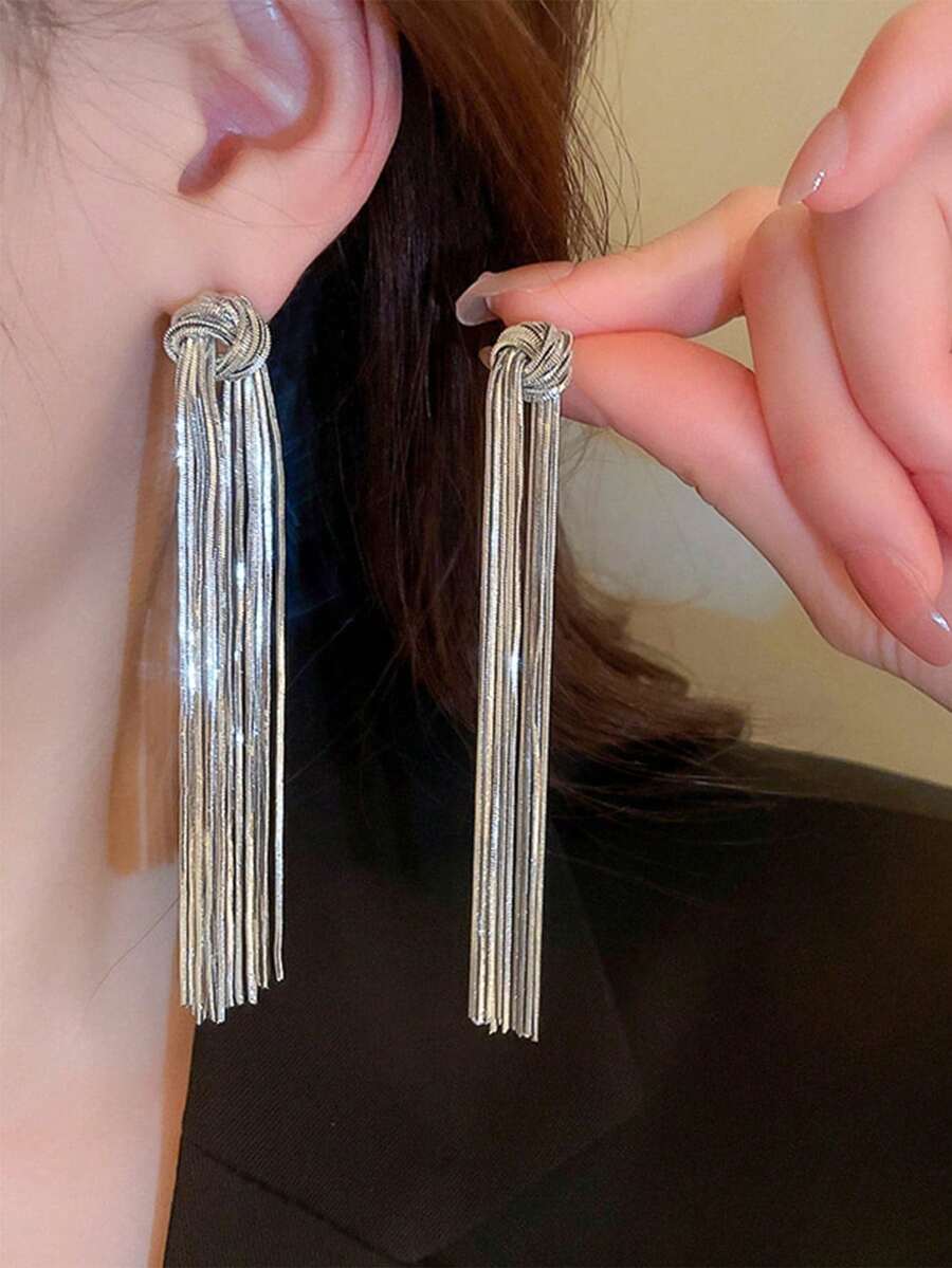 1 Pair Metal Style Copper Long Tassel Earrings For Women Banquet - Silver - View 1