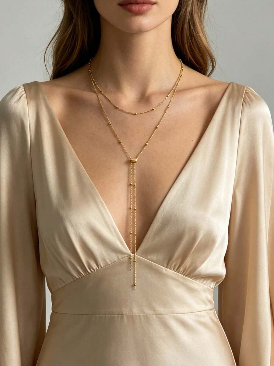 1pc Gold Stainless Steel 18K Gold Plated Beaded Chain Long Necklace For Women, Multiple Wearing Styles, Adjustable Drawstring Design, Suitable For Daily Decoration, Street Style, Influencer Outfit, Party, Date, Layering - Gold - View 1
