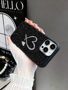 1pc Solid Color Skin-Feel Full Rhinestone Luxury Inlaid Fine Glitter 2-In-1 Large Camera Hole Phone Case Compatible With Apple 17 Pro Max, 16, 15 Pro, 14, 13, 12, 11 Series - Silver - View 2