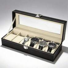 Kotak Display Jam Tangan Kulit PU Klasik Mewah 6 Slot | Kotak Penyimpanan Koleksi Jam Tangan Pria dengan Tutup Kaca Transparan dan Lapisan Beludru, Cocok untuk Pajangan, Hadiah Ideal untuk Pecinta Jam Tangan - Hitam - View 1
