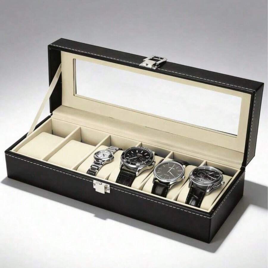 Kotak Display Jam Tangan Kulit PU Klasik Mewah 6 Slot | Kotak Penyimpanan Koleksi Jam Tangan Pria dengan Tutup Kaca Transparan dan Lapisan Beludru, Cocok untuk Pajangan, Hadiah Ideal untuk Pecinta Jam Tangan - Hitam - View 1
