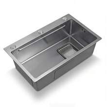 75 X 45 Cm Stainless Steel Inset Sink With Cutting Board, Additional Inner Bowl And Drainer Basket, PVD Coating, Waterfall Waste, Quiet Operation And 3 Tap Holes - 銀色 - 查看 12