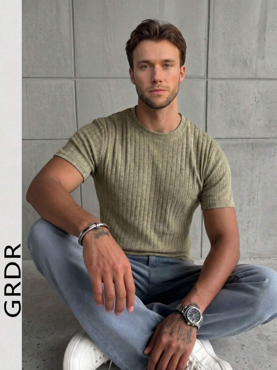 GRDR 男士休闲简约针织短袖上衣,夏季 - 卡其色 - 查看 1
