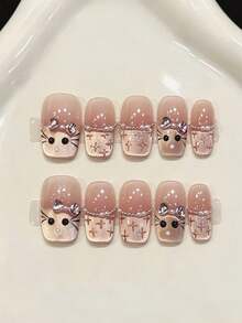 10 piezas de uñas postizas cuadradas medianas hechas a mano para fiestas y uso diario, uñas color champán, tono melocotón con efecto ojo de gato, estilo francés pintado a mano, suaves y lindas, uñas postizas talla grande vendidas. Brillantes, uñas de verano, adecuadas para niñas y mujeres en festivales, fiestas y uso diario. - Champán - Ver 2
