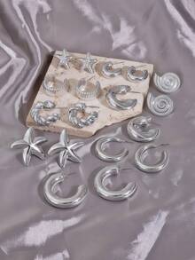 3/9 Pairs Large C-Shape/Starfish/Shell Shaped Silver-Plated Women's Earrings Set, Suitable For Beach Vacation And Daily Wear - Silver Gray - View 9