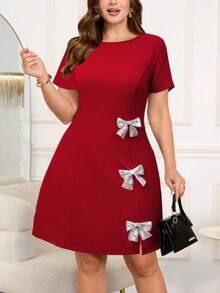 Reflora Vestido casual elegante de moda con decoración de lazo de strass de talla grande - Rojo - Ver 1