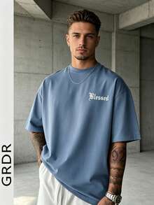 GRDR Men's Retro American Style Minimalist Letter Washed Round Neck Short Sleeve T-Shirt, Comfortable & Breathable For Summer - Dusty Blue - View 4