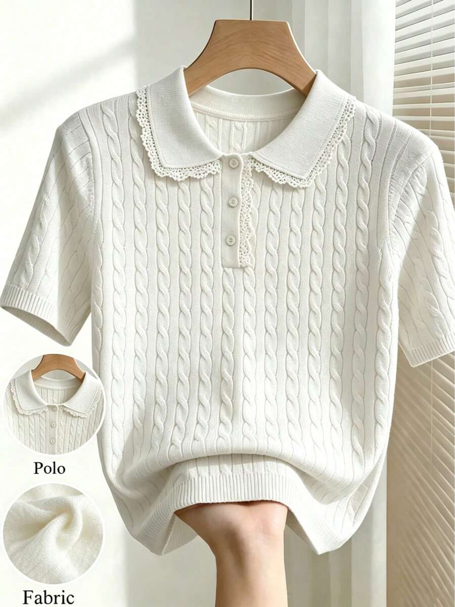 女款優雅休閒通勤上衣，蕾絲拼接 Polo 領短袖 T 恤針織毛衣，素色螺紋前開扣設計，適合秋冬疊穿或夏季單穿，居家與日常穿搭 - 白色 - 查看 1