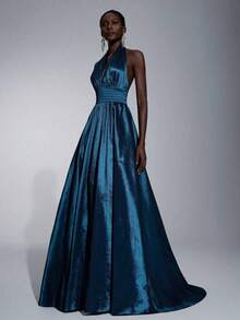 Elitara Elegante, romántico, minimalista, de moda, digno, verde oliva, tela de punto, cuello halter, espalda abierta, falda extra grande, con cola, d - Café integral - Ver 4