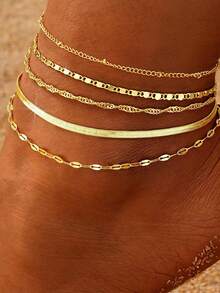 5-Piece Gold Multi-Layered Bohemian-Style Snake Bone Chain Anklet Set, Adjustable Summer Beach Accessories. - Gold - View 1