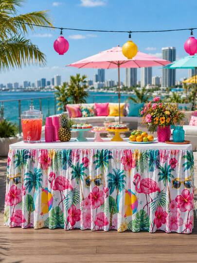 1pc Tropical Flamingo Table Skirt, Summer Hawaiian Style Polyester Rectangular Pleated Table Skirt, Printed With Pink Flamingo, Palm Tree, Hibiscus Flower, Beach Ball, Fashion Glasses Pattern, Suitable For Luau Party, Pool Party, Birthday, Baby Shower, Beach Decoration Decorative Tablecloth