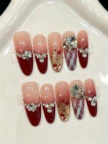 10PCS Long Oval Handmade Press On Nails For Party And Daily Wear,Red Nails,Wine Red French Heart Polka Dot Stacked Rhinestone Press On Nails,Shiny And Dazzling,Easy To Wear ,Summer Nails,Suitable For Girls And Women Festivals Parties And Daily Wear - Red - View 12