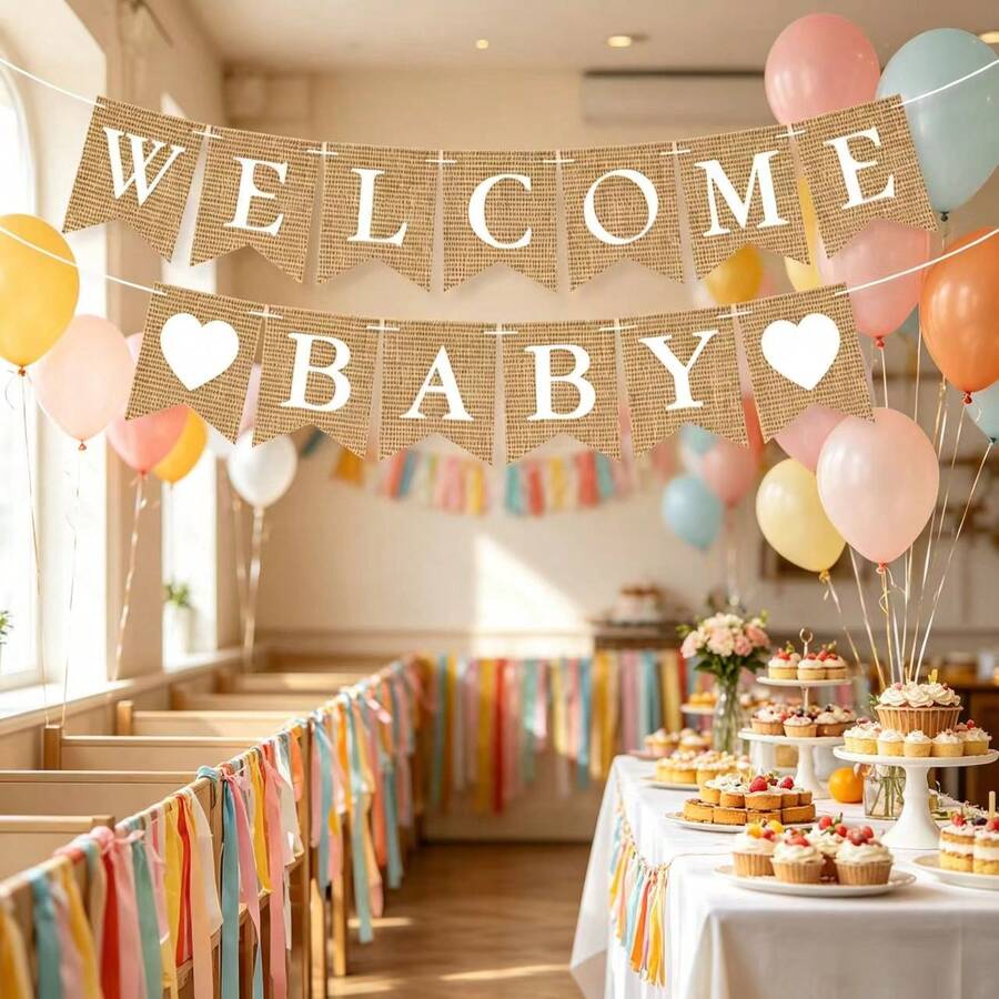 1 Set Willkommens-Baby-Girlande aus Kunstleinen, Babyparty- und Gender-Reveal-Party-Dekoration, bohemische Vintage-Leinenstoff-Girlande, Fotohintergrund-Wanddekoration, Neugeborenen-Willkommensparty-Vollmond-Bankett-Hängedekoration, rustikales Themenparty-Banner, Innen-/Außen-Dekorationszubehör - Übersicht 1