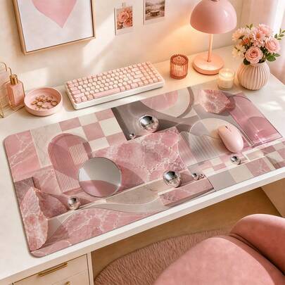Rose Quartz Chessboard Studio Large Mouse Pad, Pink Abstract Desk Mat, Cream Checkerboard And Crystal Art Design, Smooth Non-Slip Extended Keyboard Pad, Suitable For Laptop, Vanity, Dorm, Home Office Decor, Gaming Equipment Gift