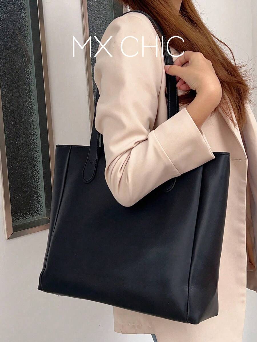 1 件女士纯色 PU 单肩拉链开合手提包,时尚大容量包适合日常通勤,节日礼物返校,商务休闲,适合少女女大学生购物、户外、旅行、郊游、工作、商务、通勤、时尚工作包女士,适合日常优雅和特殊场合 - 黑色 - 查看 1