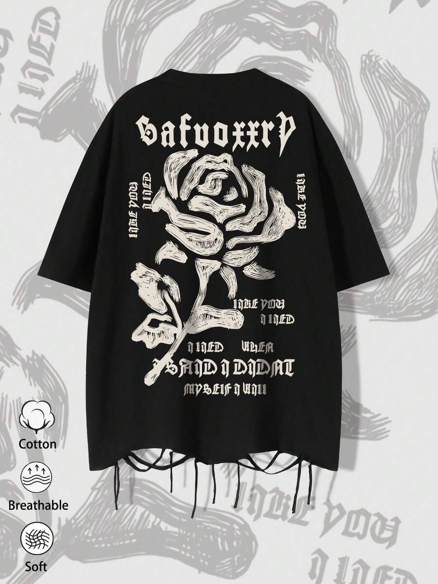seta de manga corta para hombre, estilo gótico, con estampado de rosas negras, dobladillo con flecos desgastados, estampado de letras y texto estilo streetwear, corte holgado y transpirable. - Negro - Ver 1