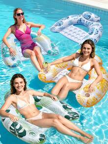 Tropical Leaf Print Inflatable Pool Lounge Chair With Dual Cup Holders And Inflatable Headrest, Thickened PVC Floating Lounge Chair For Beach, Lake, Pool, River, Backyard Summer Outdoor Water Relaxation - Multicolor - View 2