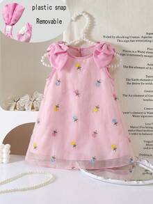 Girls Sweet Cute Mesh Floral Embroidery A-Line Dress With Detachable Bow, Pink Sleeveless Dress For Summer Vacation And Party Wear - Pink - View 2