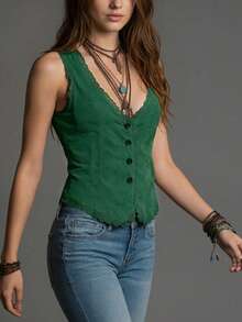 Women's Brown V-Neck Backless Button Front Camisole Top With Lace Trim And Regular Hemline Casual - Dark Green - View 7