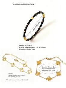 VceTd 3PCS Women's Minimalist Style Multi-Color Enamel Bamboo Knot & Flower Design Stainless Steel Fashion Bracelet Set, Suitable For Daily Commute, Outings, Vacations Or Anniversary Gift For Female Friends - Yellow Gold - View 15