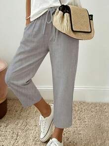 Pantalones largos casuales de pierna ancha 3/4 para mujer, nuevos de verano, elegantes para ir a la oficina, con cintura elástica con cordón y bolsillos - Gris - Ver 7