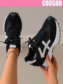 2026 New Women's Thick Sole Sports Shoes, All-Season Flat Lace-Up Chunky Sneakers, Spring/Summer Height-Increasing Breathable German Training Shoes, Patchwork Slim Waist Casual Shoes - Black - View 3