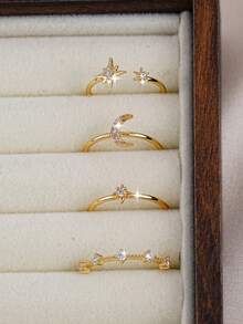 4pcs Exquisite Cubic Zirconia Star & Moon Decor Stackable Ring Set, Suitable For Women Multi-Occasion Wear, Holiday Gift - Yellow Gold - View 5