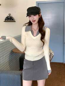 Women's New Autumn/Winter Design Slim Fit V-Neck Knit Top With Collar And 2 In 1 Patchwork - Apricot - View 8