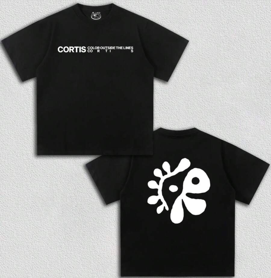 Basic Black Graphic T-Shirt With The Phrase "COLOR OUTSIDE THE LINES", Irregular Organic Floral Pattern, Casual Design For Men And Women - 黑色 - 查看 1