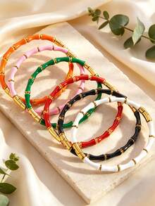 VceTd 3PCS Women's Minimalist Style Multi-Color Enamel Bamboo Knot & Flower Design Stainless Steel Fashion Bracelet Set, Suitable For Daily Commute, Outings, Vacations Or Anniversary Gift For Female Friends - Yellow Gold - View 8