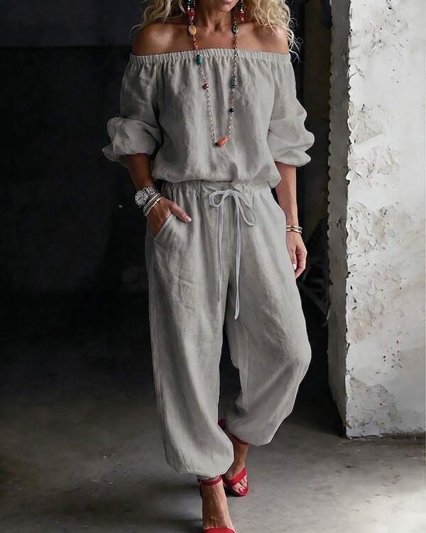 2026 Summer Casual Two-Piece Set, Lazy Style Loose One Shoulder Top+Drawstring Ankle Pants, Women's Two-Piece Set