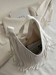 1pc Solid Color Suede Fringe Shoulder Bag, Vintage Fashion Large Capacity Commuter Bag, High-Quality Textured Stylish Shoulder Bag - White - View 7