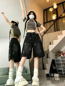 YCYC 美式復古牛仔 5 吋女款短褲 街頭直筒寬鬆顯瘦寬腿褲 - 黑色 - 查看 6